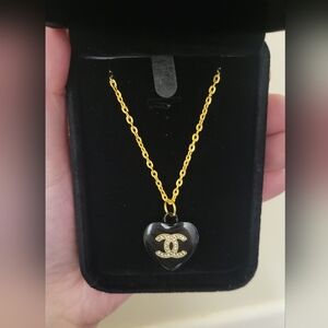Chanel CC Black Rhinestone Heart Pendant On Unbranded Chain Necklace